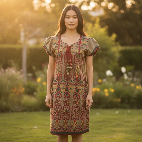 Beautiful Embroidered Tan Kurta With Red, Yellow and Green Embroidery - Picture 1 of 16